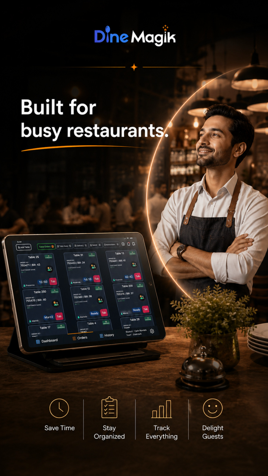 Restaurant manager standing behind a DineMagik tablet on a busy floor